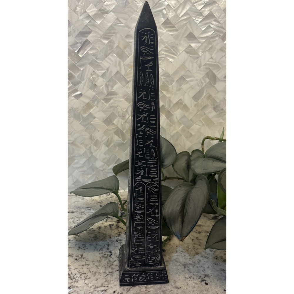 Vintage Egyptian Stone Obelisk Hieroglyph Statue Carved Pyramid Decor 13.5" Tall